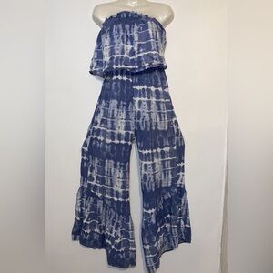 Japna Strapless Jumpsuit Woman’s SZ:S Blue White Tie Dye Ruffle Top wide leg EUC